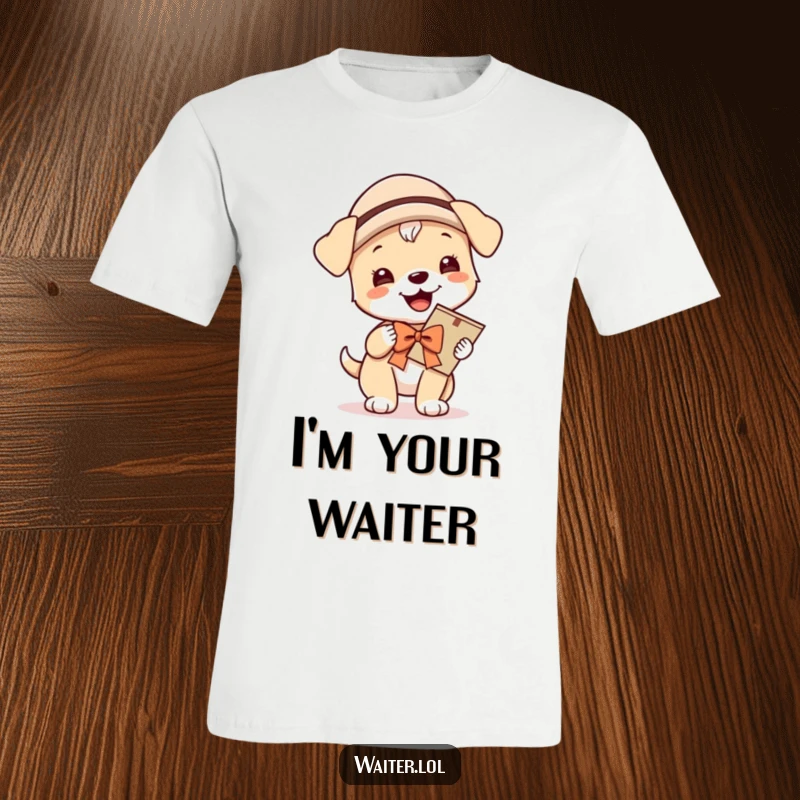 Funny T-shirt with a giggling puppy in a hat and bow, proudly carrying a menu, showcasing playful service and irresistible cuteness.
