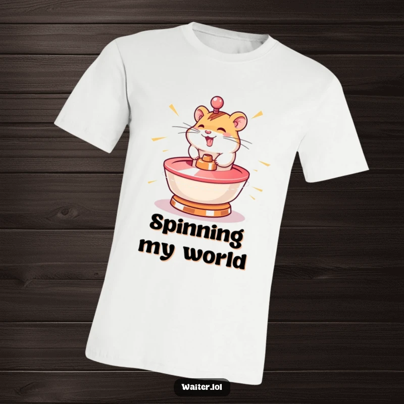Funny hamster t-shirt featuring a giggling character spinning a lazy susan at lightning speed, perfect for fast-paced fun.