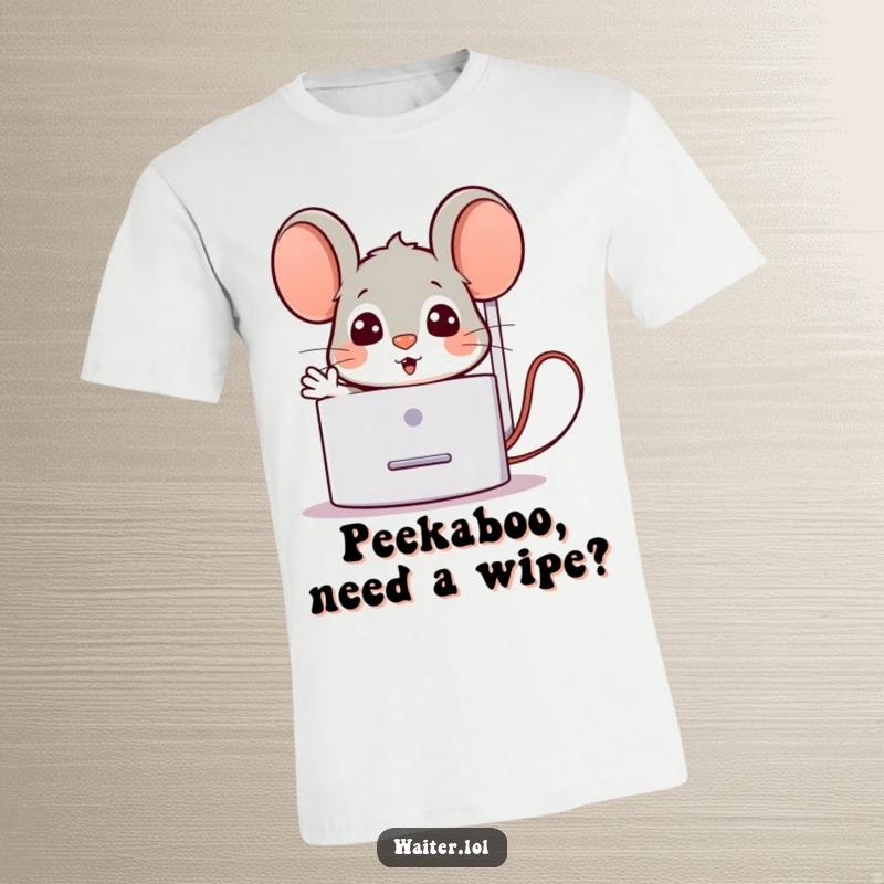 Funny T-Shirt depicting a surprised cartoon mouse popping out from behind a napkin dispenser with a welcoming gesture, representing friendly surprise and greeting.