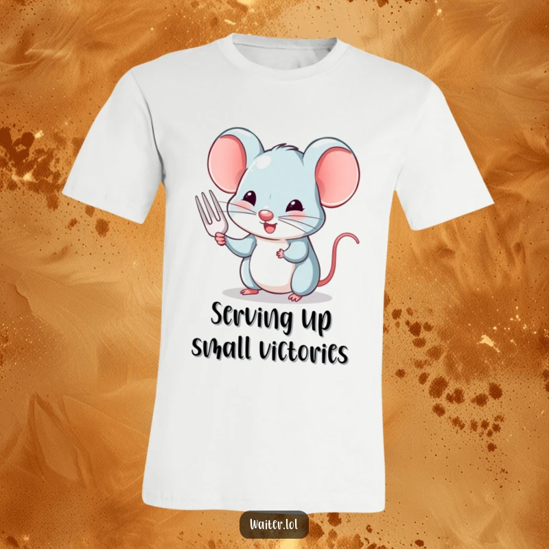 Funny t-shirt depicting a charming mouse giving a polite nod while offering a tiny fork, ideal for humor.