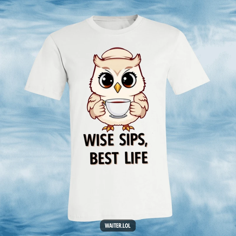 Funny owl waiter t-shirt displaying a cheerful bird in a small cap, holding a teacup with wide, knowing eyes, perfect for gifting.