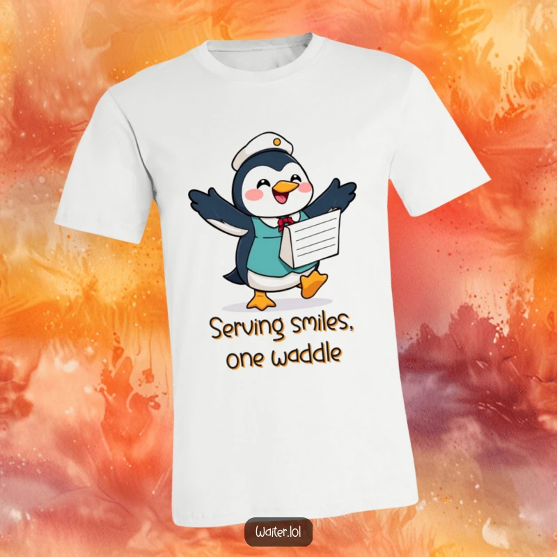 Funny t-shirt showcasing a joyful penguin waiter waddling with a large order form and a hopeful expression, ready for service with a smile.