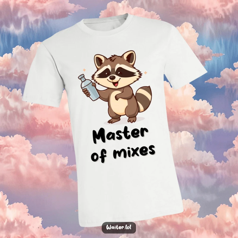 Funny Raccoon Bartender T-Shirt: A playful raccoon skillfully spins a cocktail shaker with an energetic flourish, embodying fun.