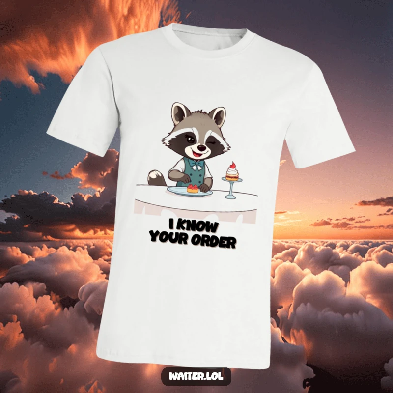 Funny Raccoon Waiter T-Shirt: A winking raccoon waiter confidently slides a small dessert across a table with a mischievous expression.