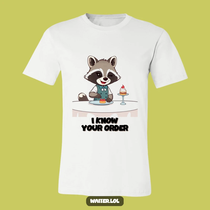 Funny Raccoon Waiter T-Shirt: Winking Bandit Serving Dessert - Hilarious Gift
