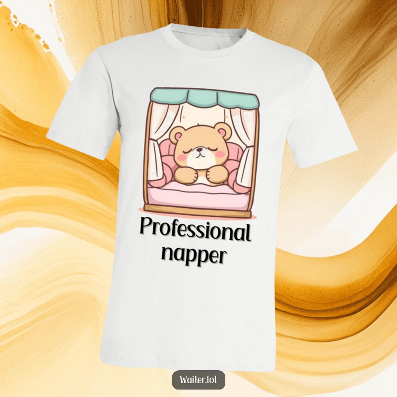 Funny t-shirt featuring a sleepy bear character deeply asleep in a cozy booth, embodying ultimate comfort and peaceful rest.