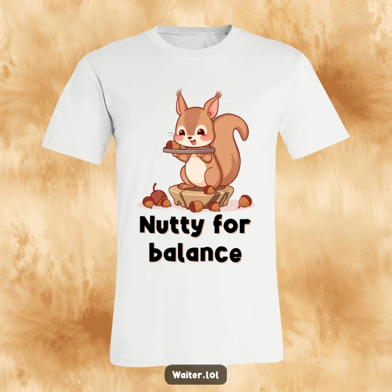 Funny T-Shirt showing a squirrel struggling to balance a full tray of acorns, a comical scene of effort.