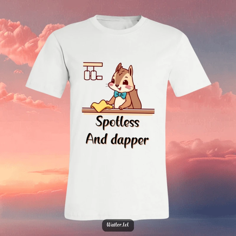 Funny Squirrel Cleaner T-Shirt: A squirrel sporting a bowtie carefully wipes down a counter with a cloth, looking professional.