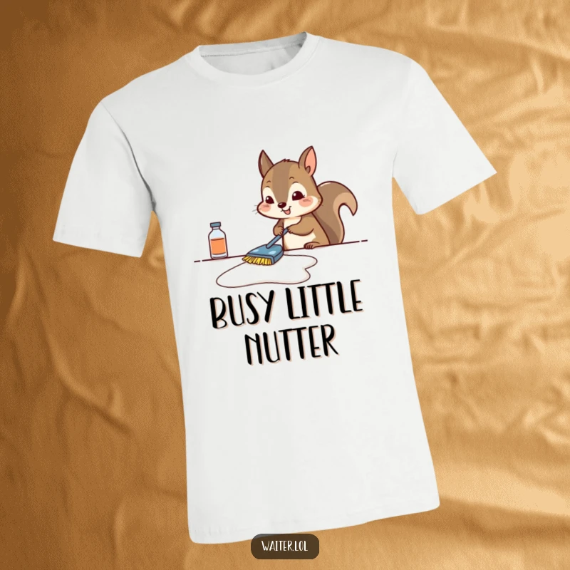 Funny squirrel t-shirt featuring a determined squirrel vigorously scrubbing a table, ideal for neat and humorous gift recipients.