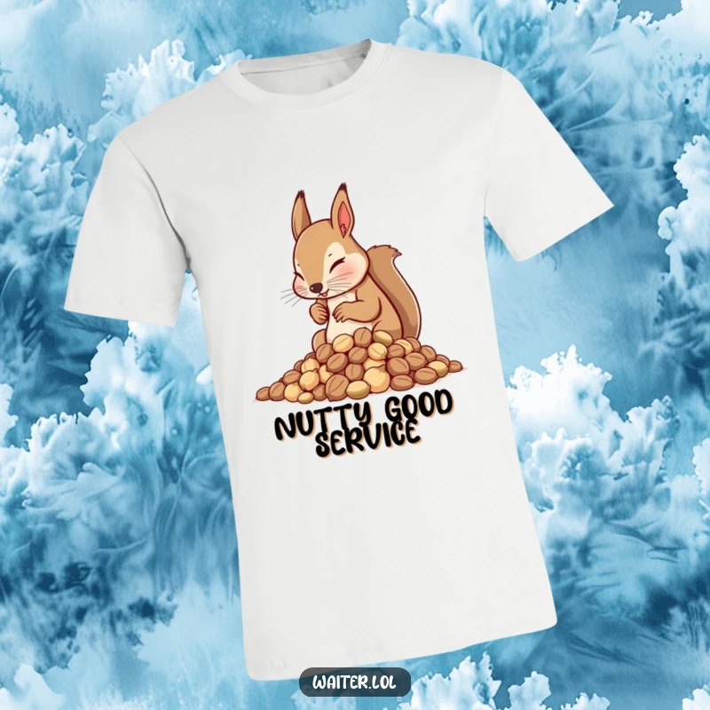 Funny Squirrel Waiter T-Shirt: A determined squirrel waiter meticulously arranges a pile of nuts with extreme concentration.