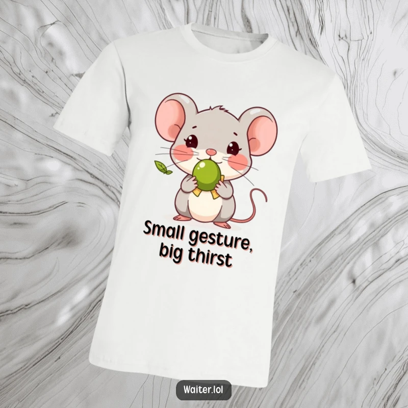 Funny tiny mouse character bowing with a single olive, depicted on a soft graphic tee.