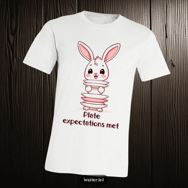Funny T-Shirt showcasing a happy bunny character attempting to balance a huge stack of plates, its ears comically wobbly.