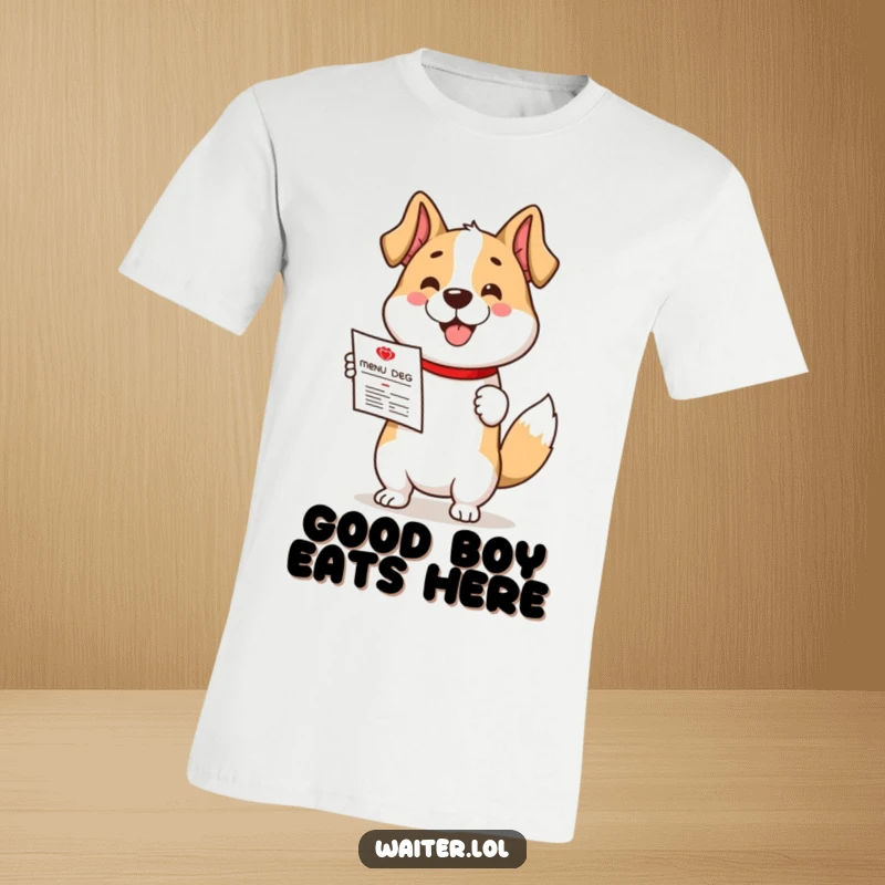 Funny T-Shirt featuring a cute dog character enthusiastically presenting a menu with a fast-wagging tail, ready to serve.