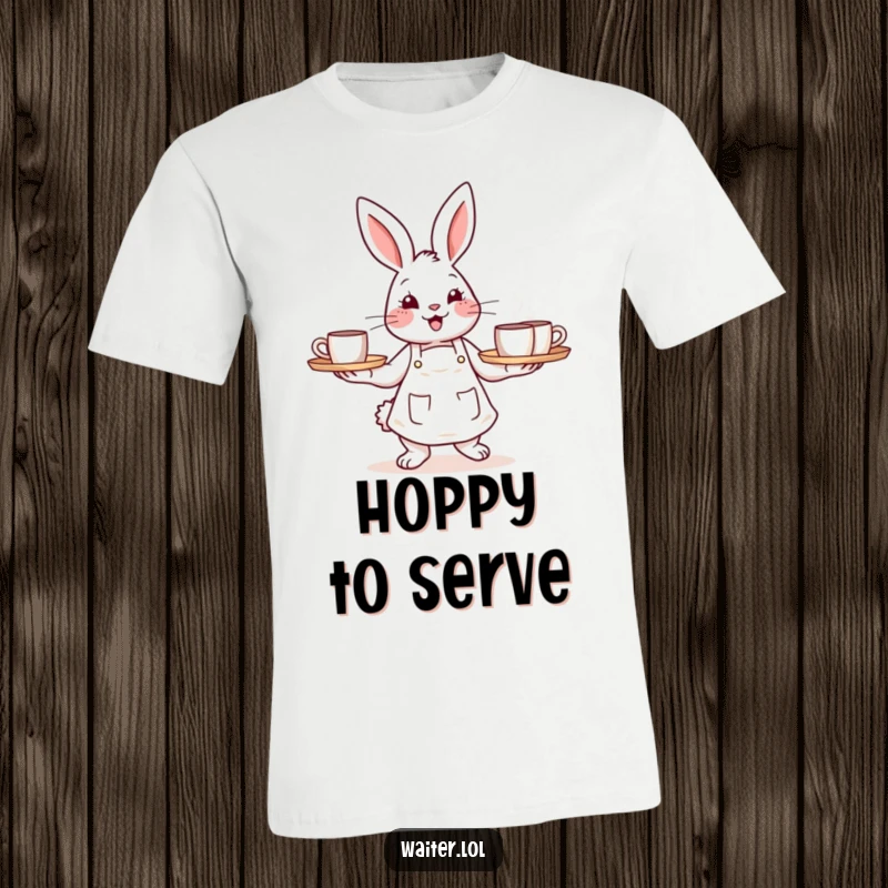 Funny t-shirt featuring a cheerful bunny wearing an apron and carrying a tray of steaming mugs, great for animal lovers.