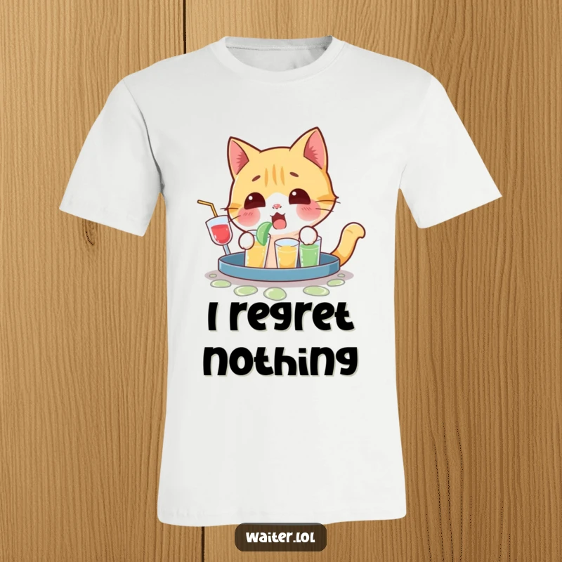 Funny T-Shirt featuring a playful cat character mid-yelp after spilling a tray of drinks, wide-eyed and surprised.