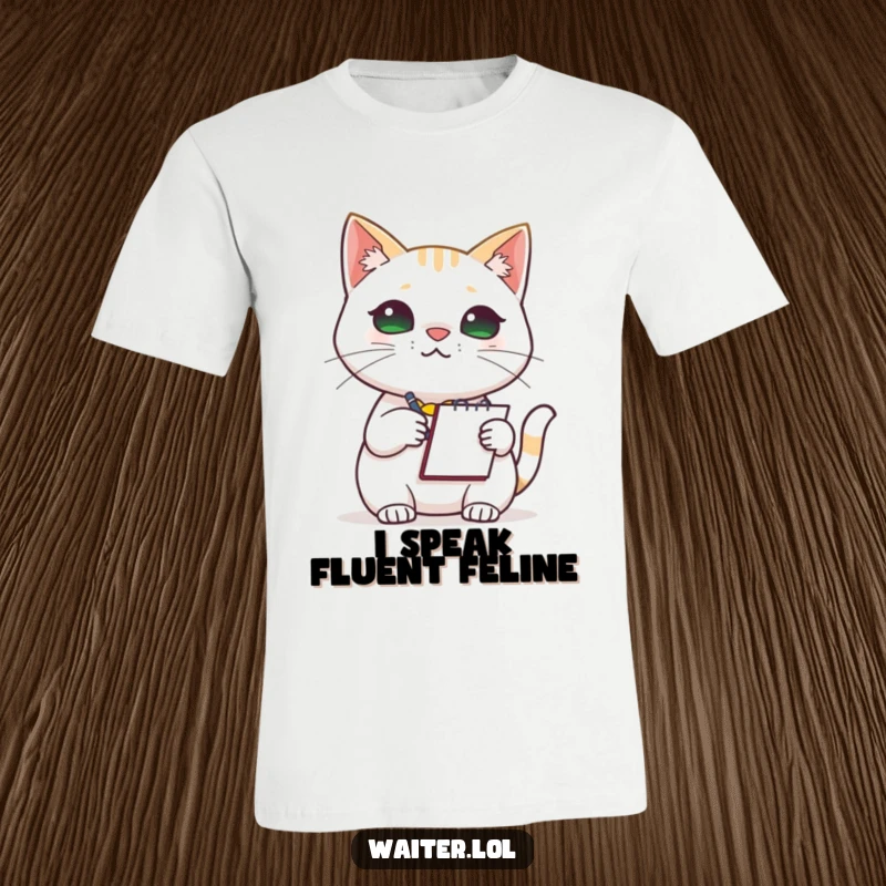 Funny Cat Barista T-Shirt: A cute cat wearing an apron, intensely focused on taking an order with a notepad, a hilarious design.