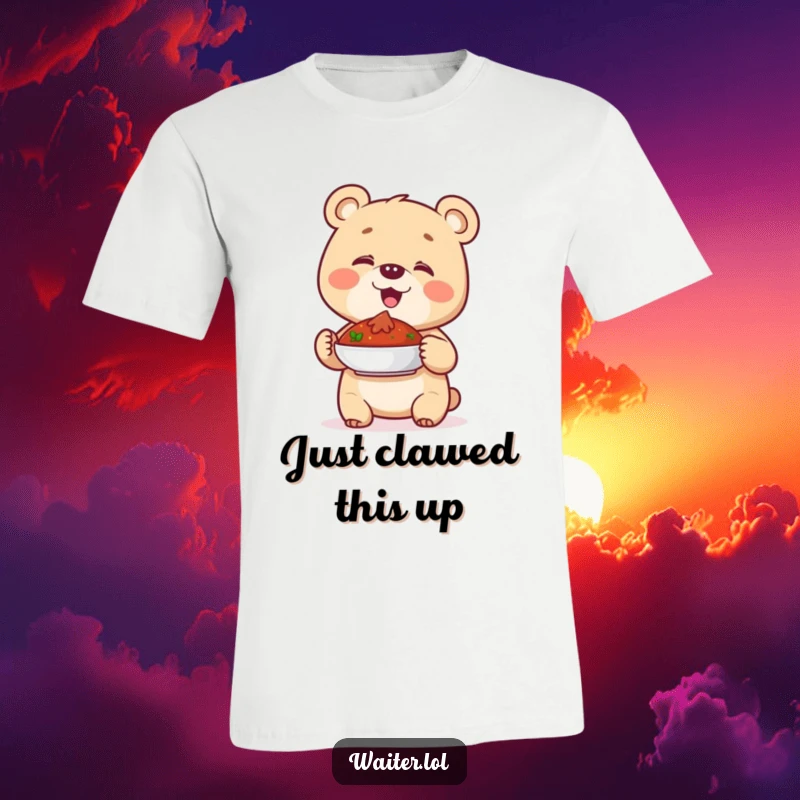 Funny t-shirt featuring a giggling bear cub with a proud gesture, offering a delicious dish, capturing pure delight.