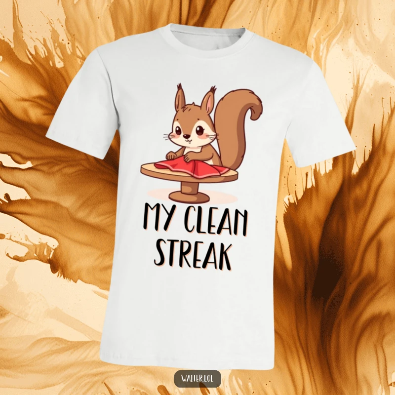 Funny squirrel cleaner t-shirt showing a determined cartoon squirrel diligently wiping a table with a red cloth, neat and humorous apparel.