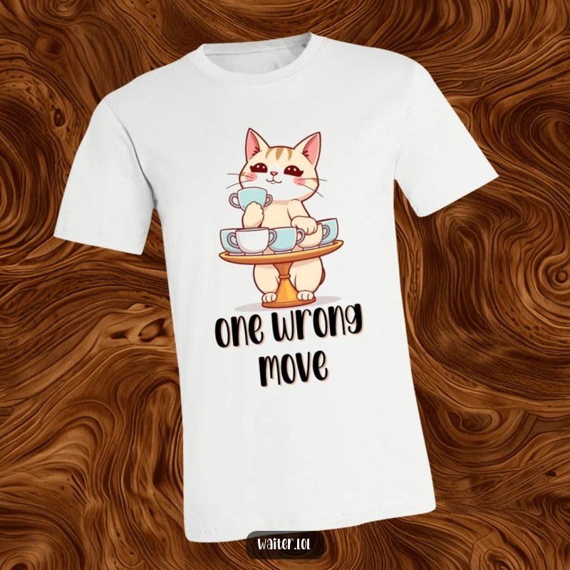 Funny cat t-shirt depicting a determined cat wobbling with a tray full of teacups, ideal for playful spirits.