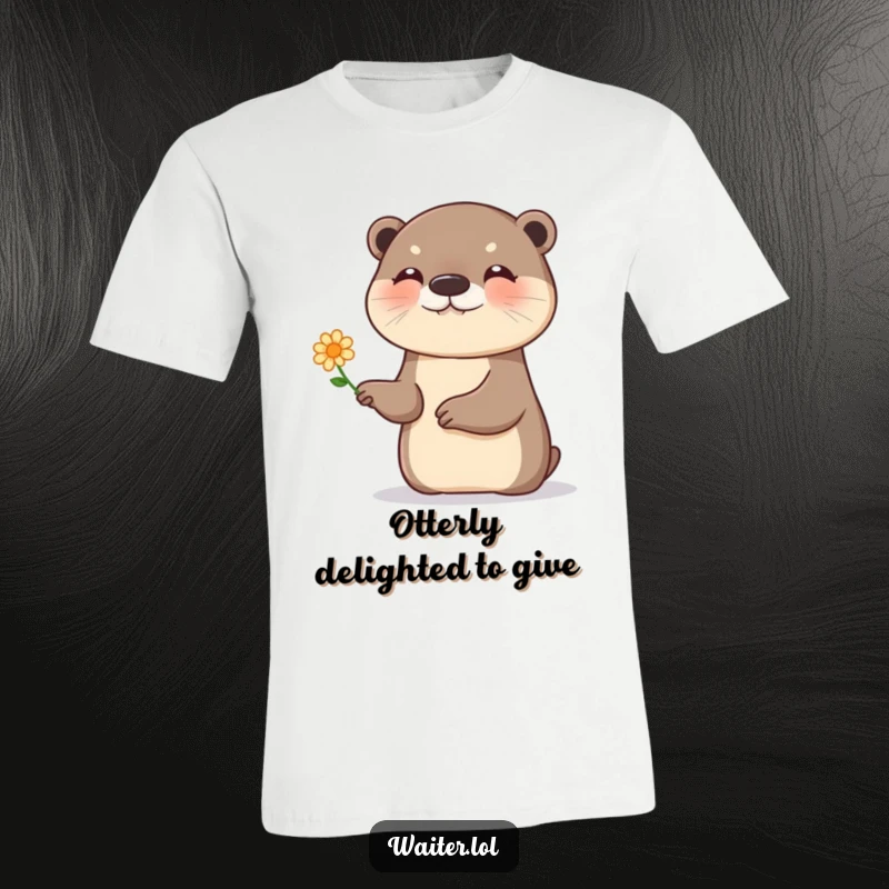 Funny otter flower t-shirt, a giggling otter presenting a single, tiny flower with a flourish, playful and cheerful.