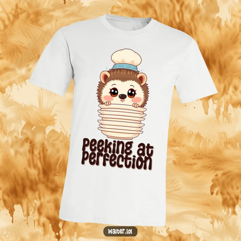 Funny Hedgehog Waiter T-Shirt: A curious hedgehog waiter peers from behind a towering stack of plates with wide, innocent eyes.