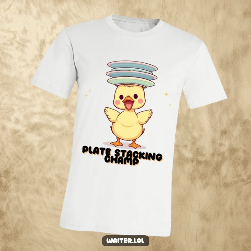 Funny duckling t-shirt, gleefully balancing a precarious stack of plates on its head with a determined, happy expression.