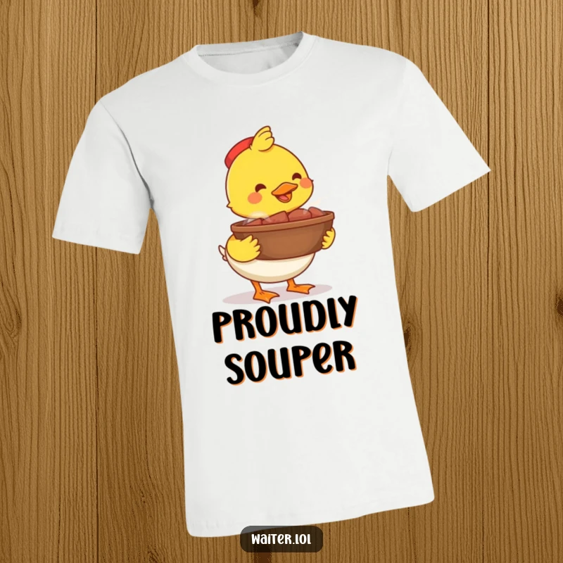 Funny happy duck bowl t-shirt, a duck proudly carrying a large steaming bowl, showcasing happiness and appetite.