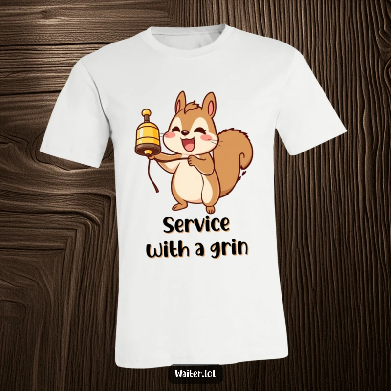 Funny squirrel t-shirt, excitedly ringing a small service bell, signaling happiness and helpfulness, a delightful and funny wearable.