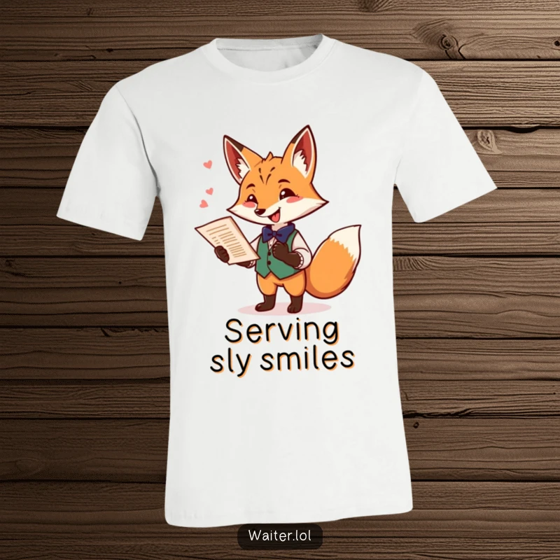 Funny fox waiter t-shirt featuring a playful fox offering a menu with a flourish and a mischievous twinkle, ideal for gifting.