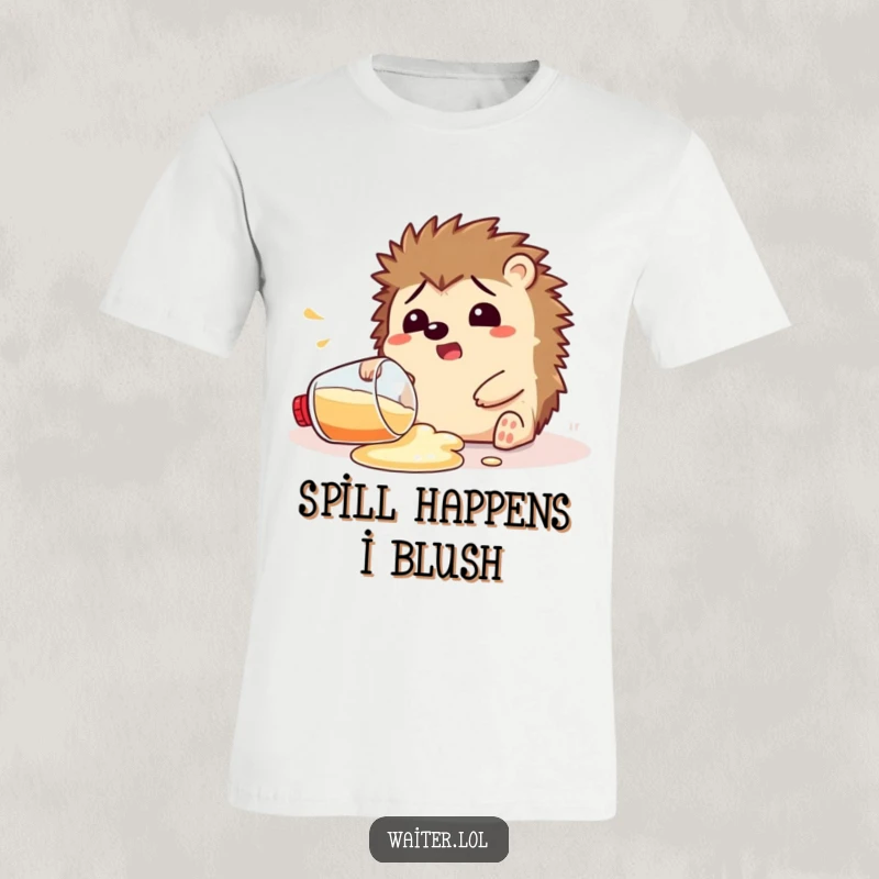 Funny T-Shirt featuring a hedgehog looking shocked while spilling a drink, capturing a moment of delightful chaos.