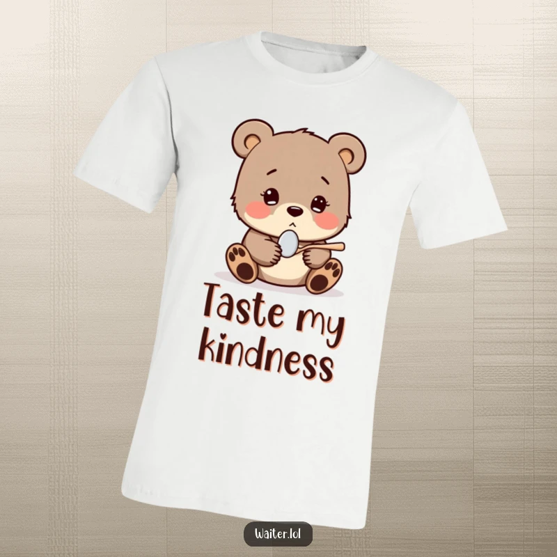 Funny T-shirt with a shy bear cub shyly offering a tiny spoon with a hopeful expression, showcasing kindness and endearing optimism.