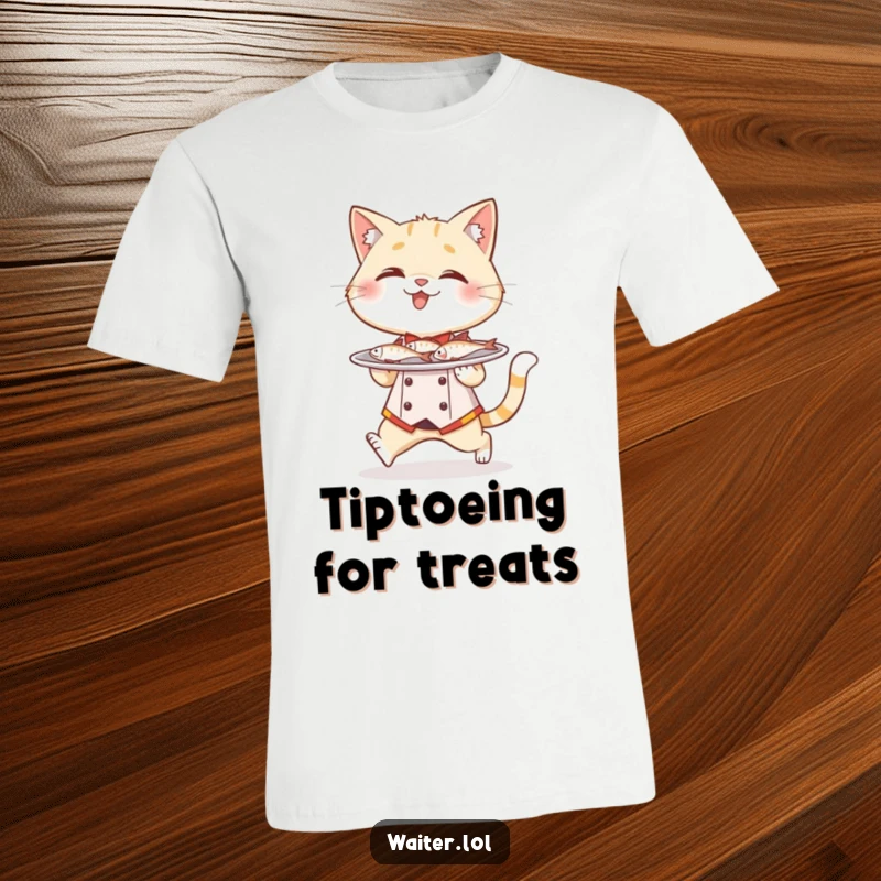 Funny cat waiter t-shirt, a giggling cat in a waiter outfit tiptoes carefully with a plate full of tiny fish.