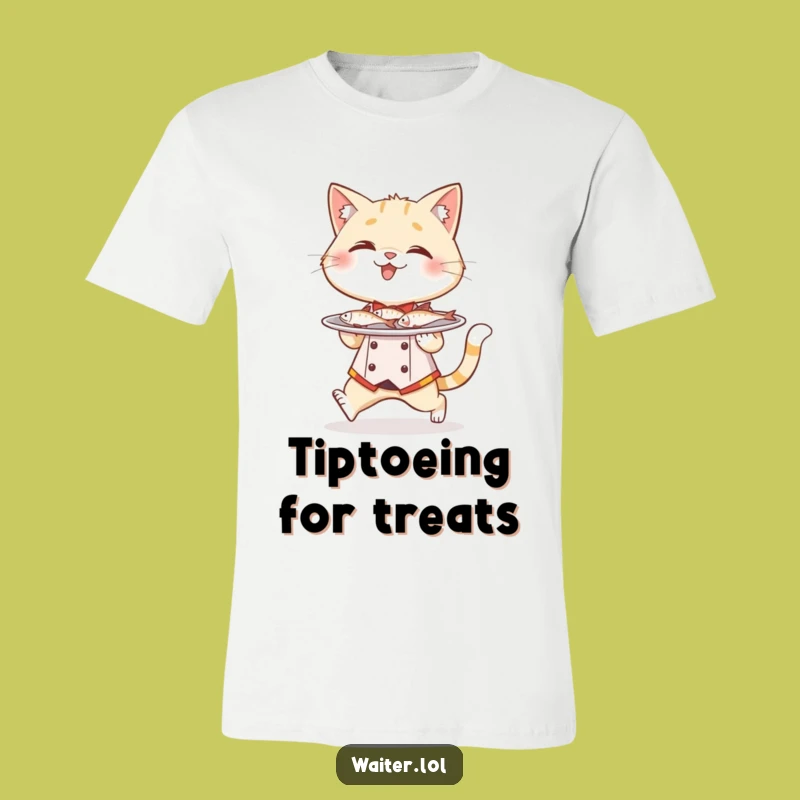 Funny Cat Waiter T-Shirt: Tiptoeing Fish Service, Hilarious Feline Tee