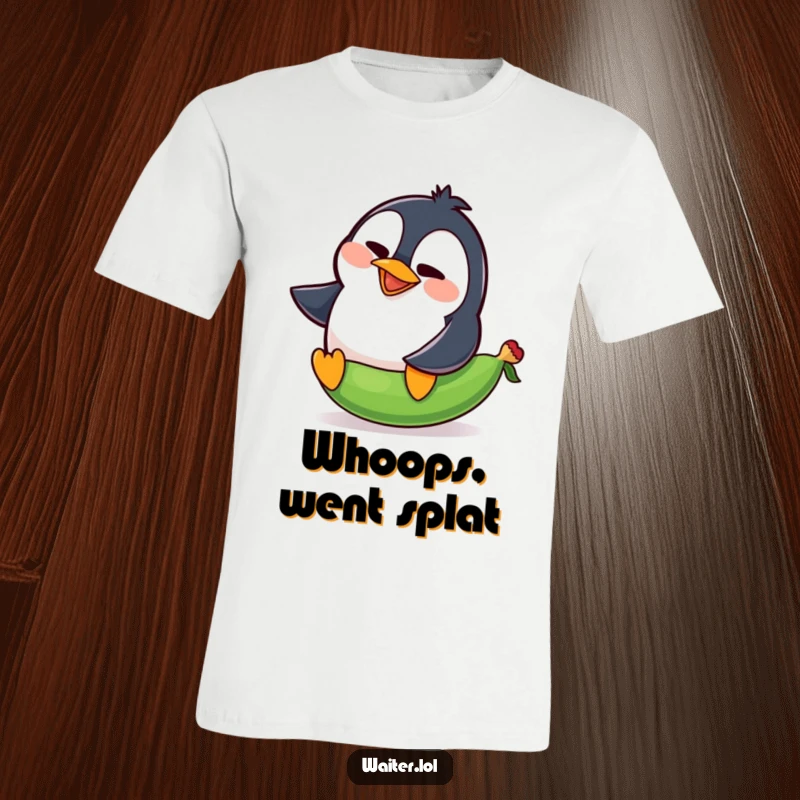 Funny penguin t-shirt depicting a goofy penguin comically slipping on a stray pea with a loud squawk.