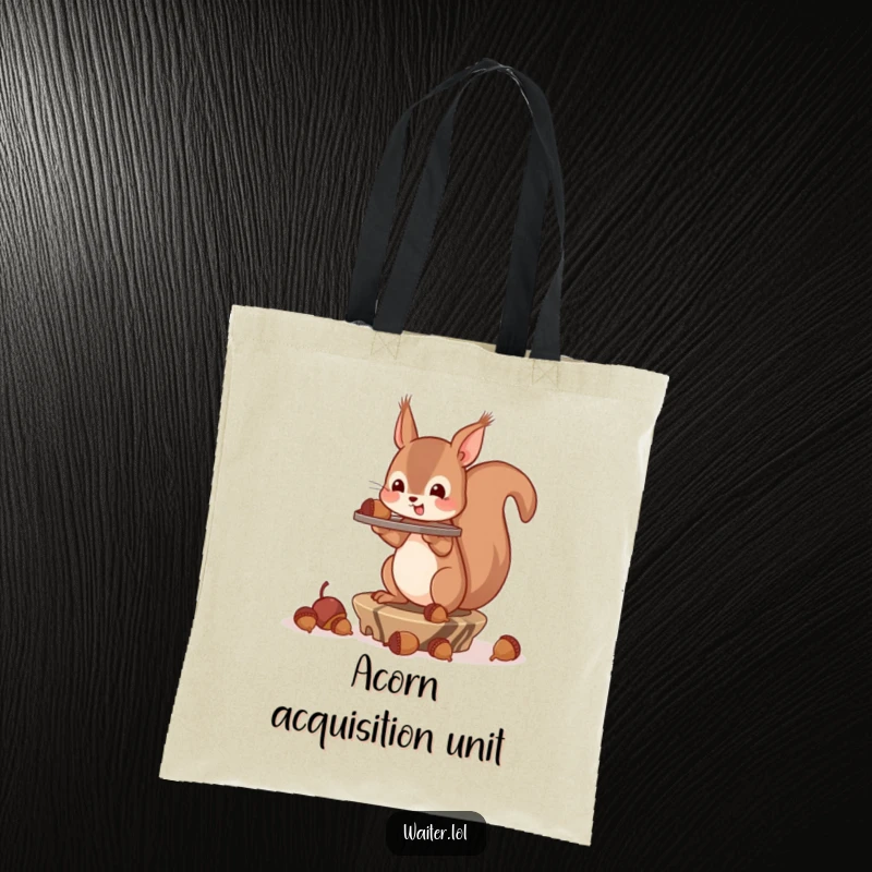 Funny Tote Bag featuring a squirrel focused on balancing an overflowing tray of acorns, a humorous and practical accessory.