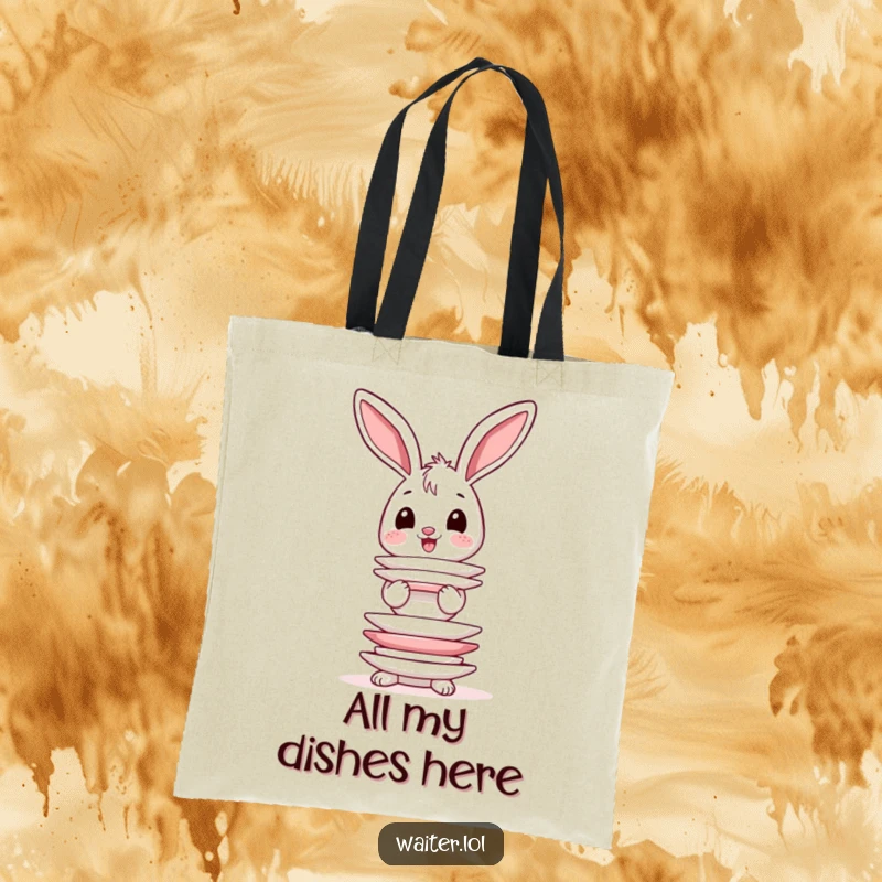 Funny tote bag featuring a happy bunny with wobbly ears precariously balancing a large stack of dinner plates.