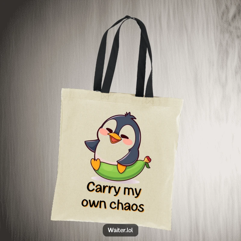 Funny penguin tote bag with a goofy penguin comically slipping on a pea with an audible squawk.