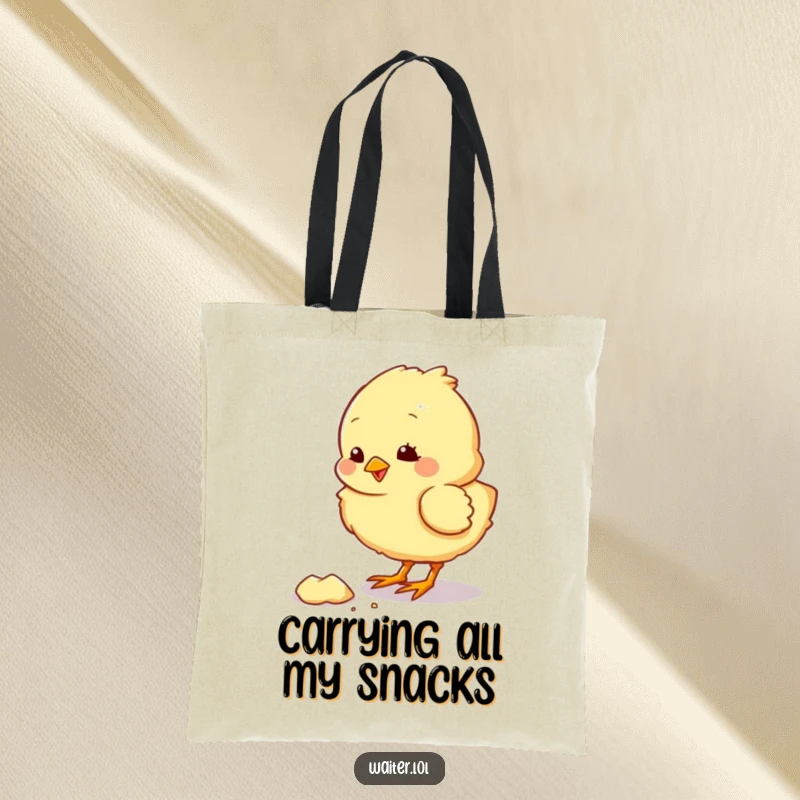 Funny tote bag showcasing a fluffy chick character pecking at a crumb with delight, perfect for carrying essentials humorously.