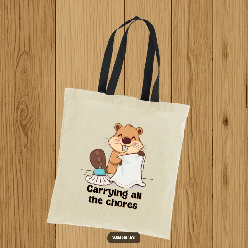 Funny determined beaver vigorously wiping a table with a large cloth on a tote bag, showcasing industriousness and utility.