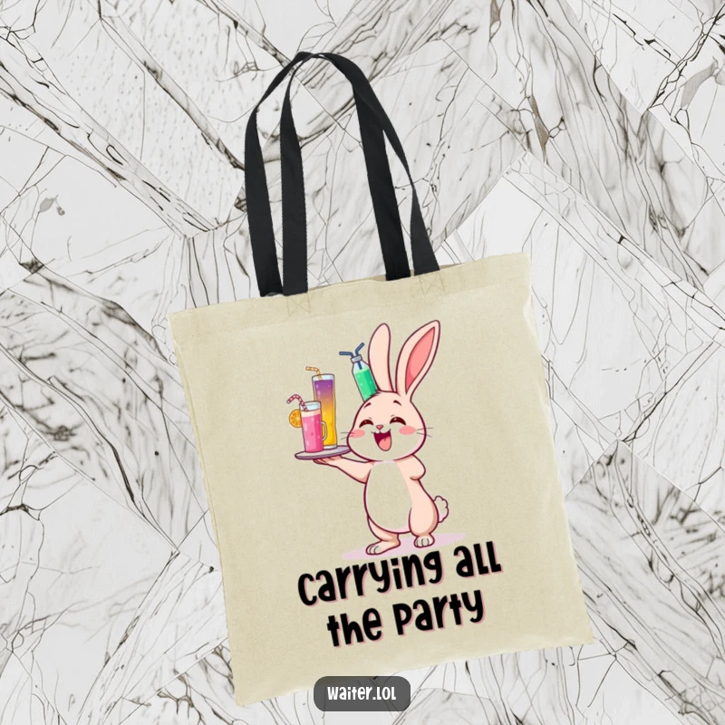 Funny tote bag depicting a cheerful bunny delightedly wobbling while balancing a towering tray of colorful drinks.