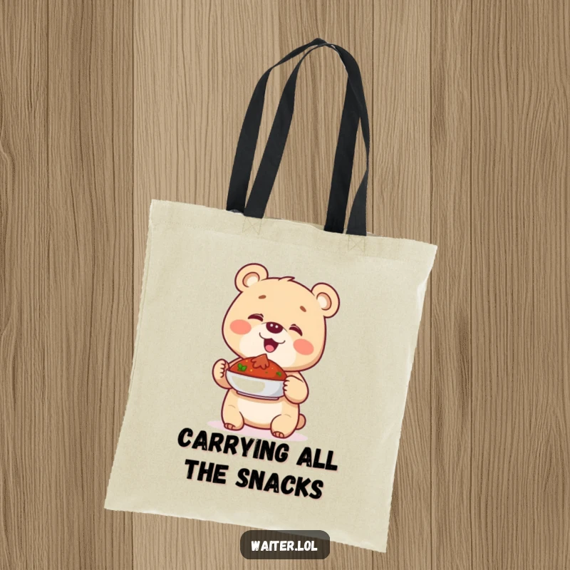Funny tote bag with a giggling bear cub proudly holding a dish, full of mirth and accomplishment.