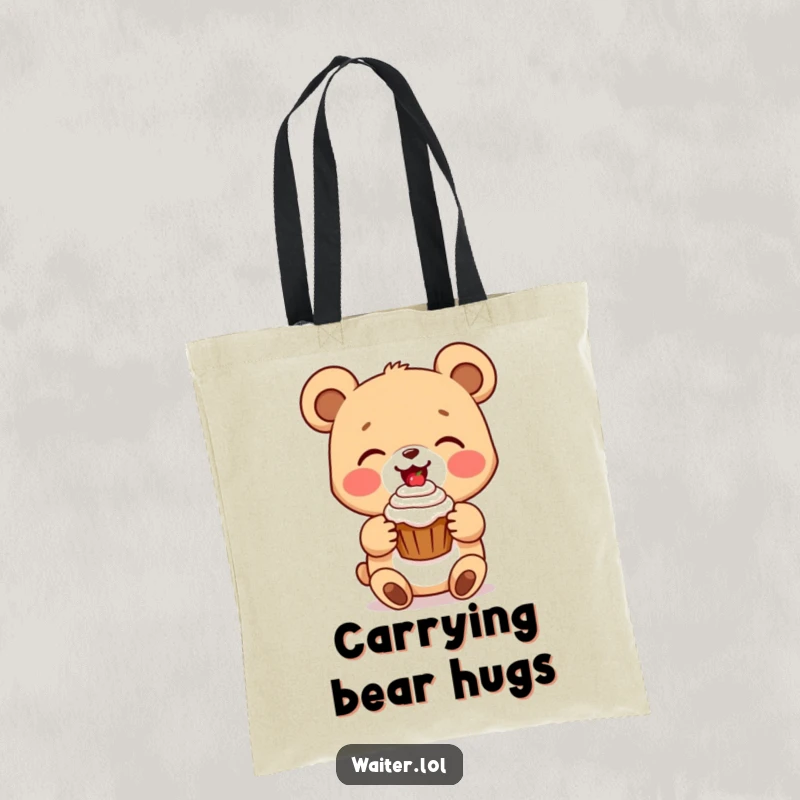 Funny bear cub tote bag with a delighted cartoon bear presenting a perfect cupcake with a beaming smile, darling and useful accessory.