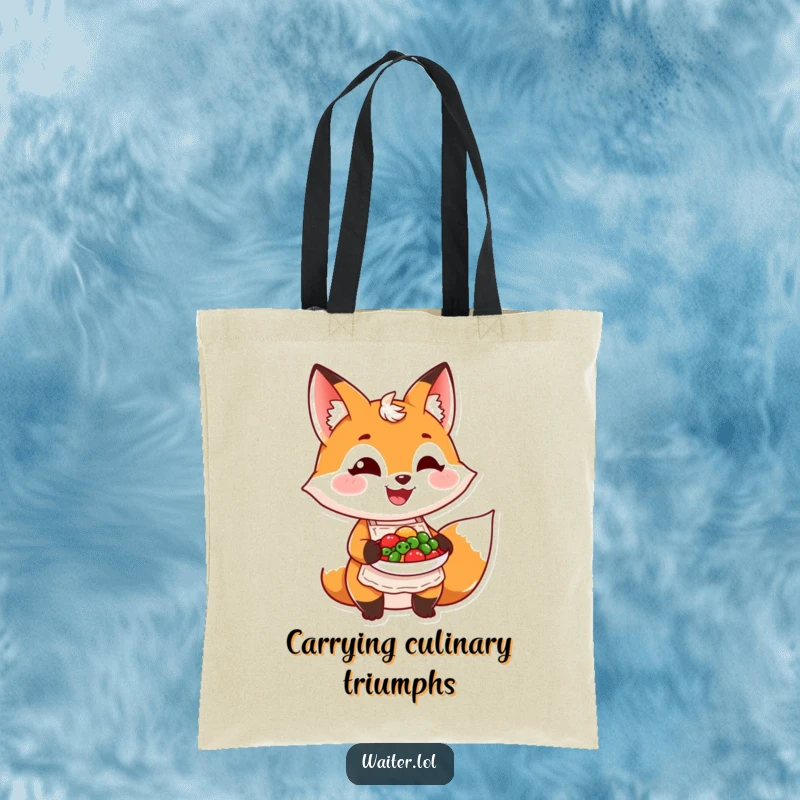 Funny grinning fox in an apron proudly presents a colorful dish on a tote bag, showcasing culinary charm and utility.