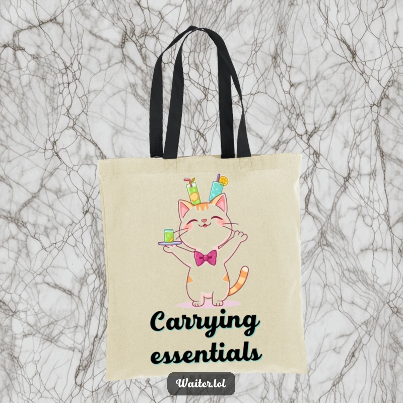 Funny tote bag featuring a cheerful cartoon cat in a bowtie, happily wobbling a huge tray of drinks.