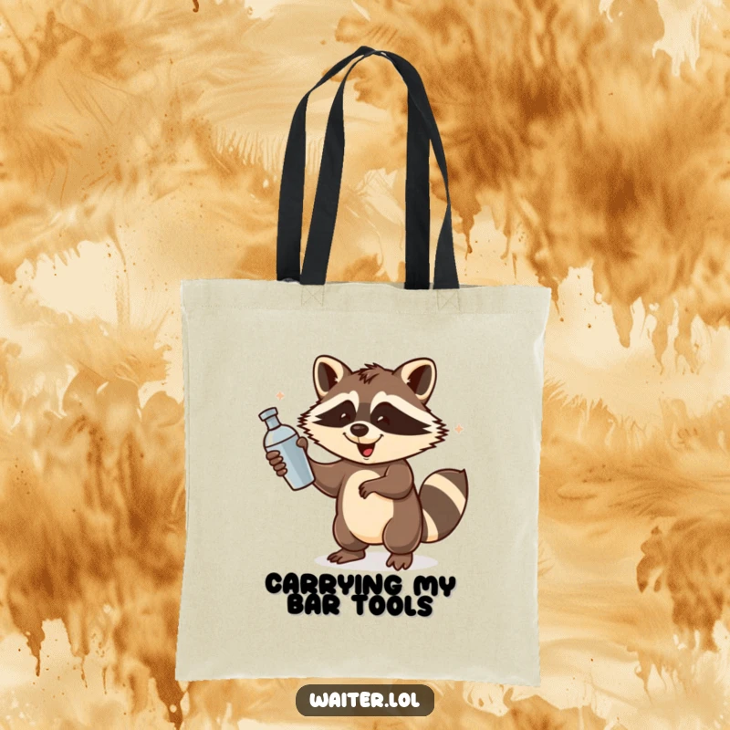 Funny Raccoon Bartender Tote Bag: A playful raccoon spins a cocktail shaker with energetic flair, ready for any event.