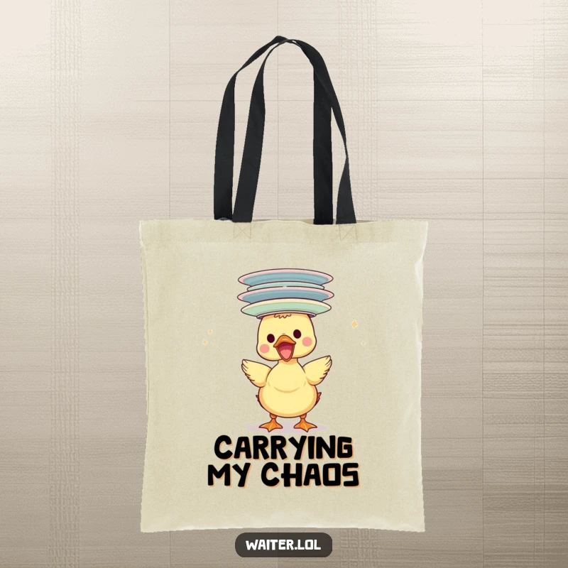 Funny duckling tote bag, gleefully balancing a stack of plates on its head, adding a whimsical touch to errands.