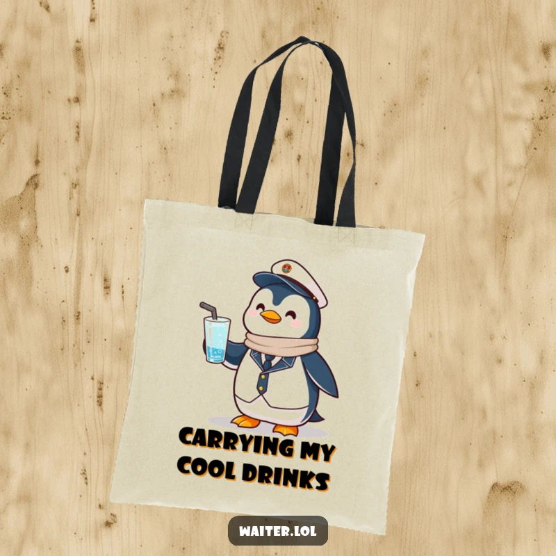 Funny Penguin Drink Tote Bag: A proud penguin in uniform offers a frosty drink, making it a stylish carry-all.