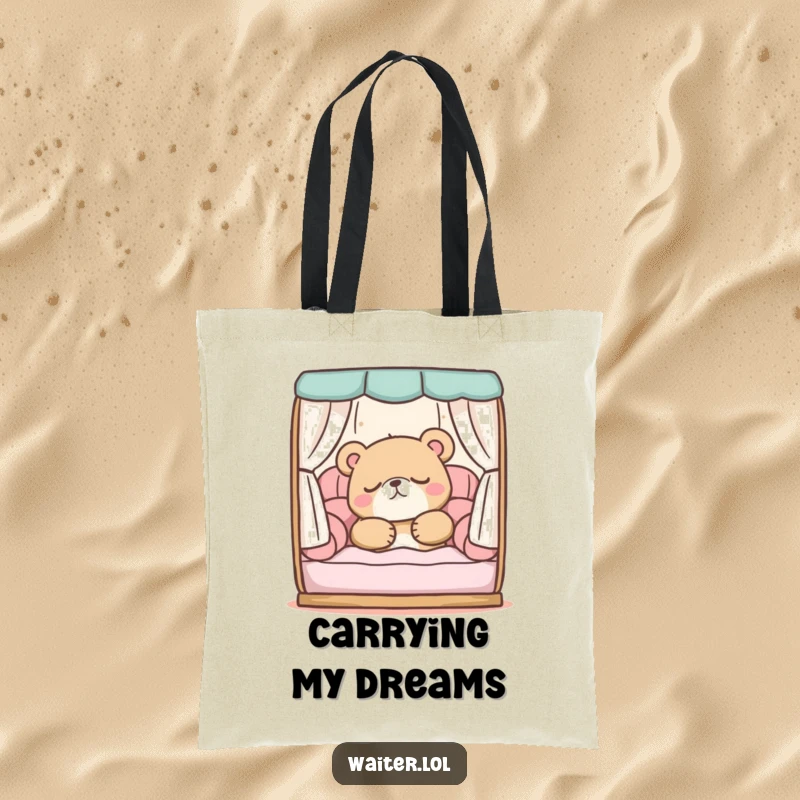 Funny tote bag showing a sleepy bear character peacefully snoozing in a comfortable booth, symbolizing ultimate relaxation and comfort.