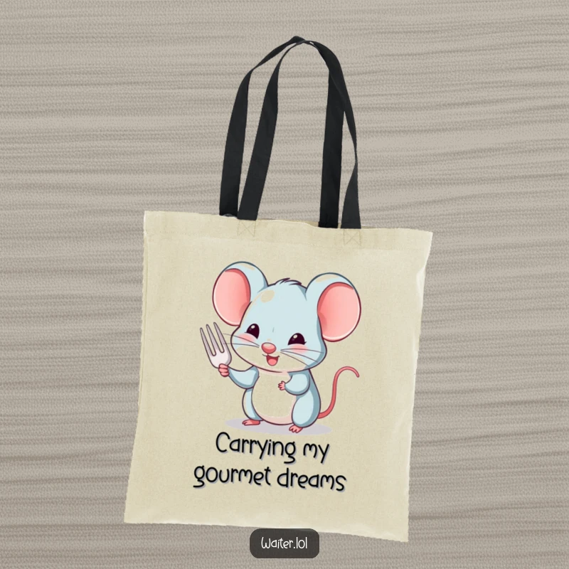 Funny tote bag with a charming mouse giving a polite nod while holding out a tiny fork, great for daily use.