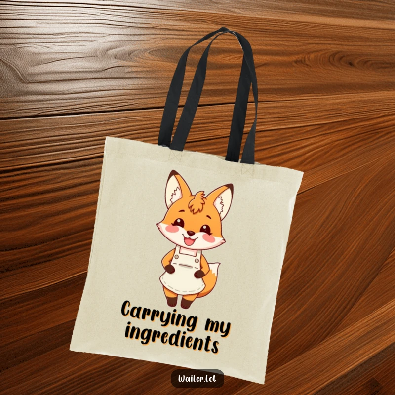 Funny fox apron tote bag with a charming fox wearing an apron and smiling broadly, ideal for shopping.
